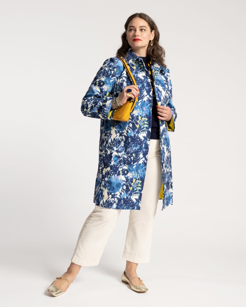 Front of a model wearing a size 1X Balmacaan Jacket Thistle Navy Oyster in Navy Oyster by Frances Valentine. | dia_product_style_image_id:237274